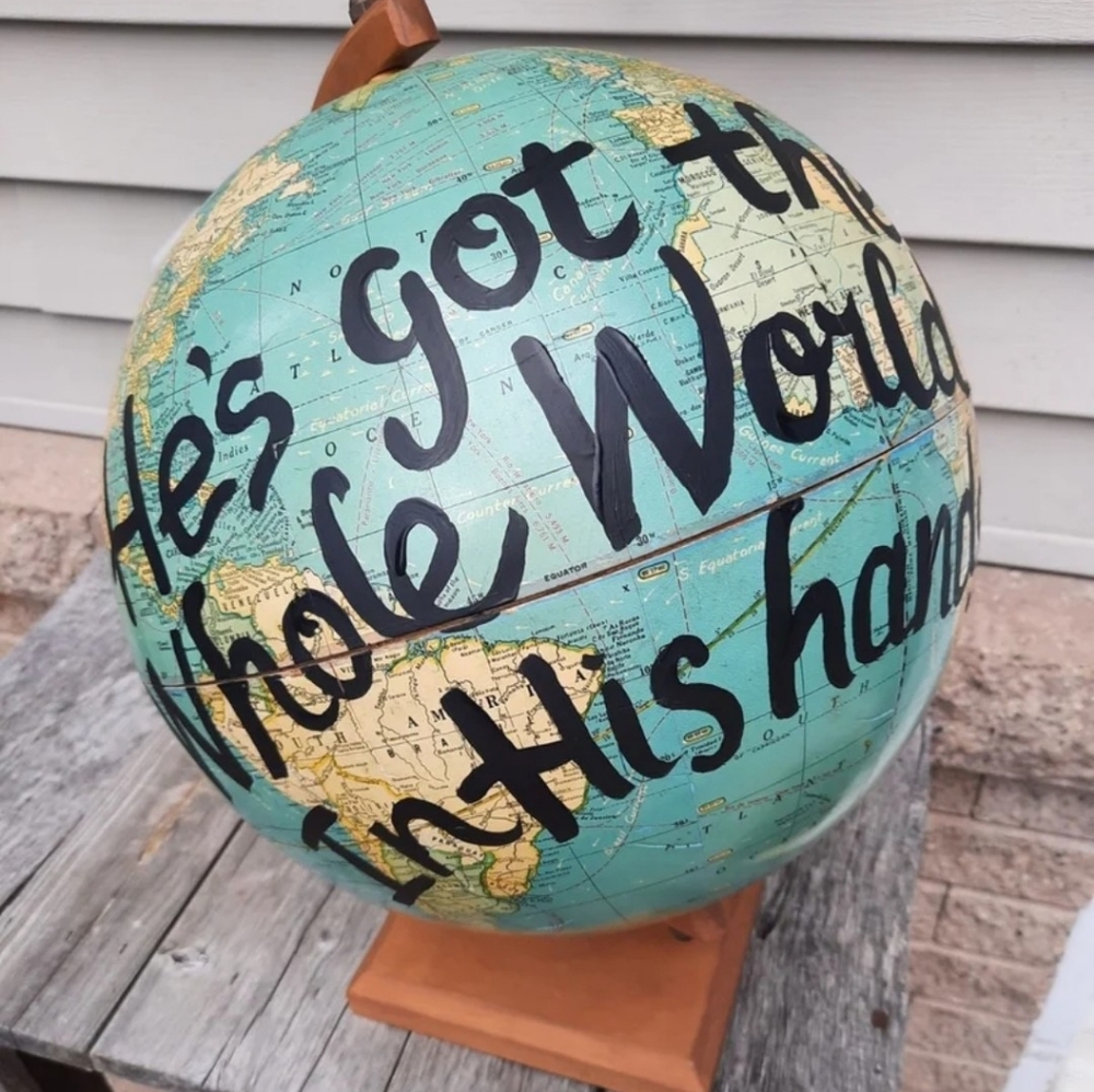 Upcycled vtg world Globe inspirational handpainted pastor travelor